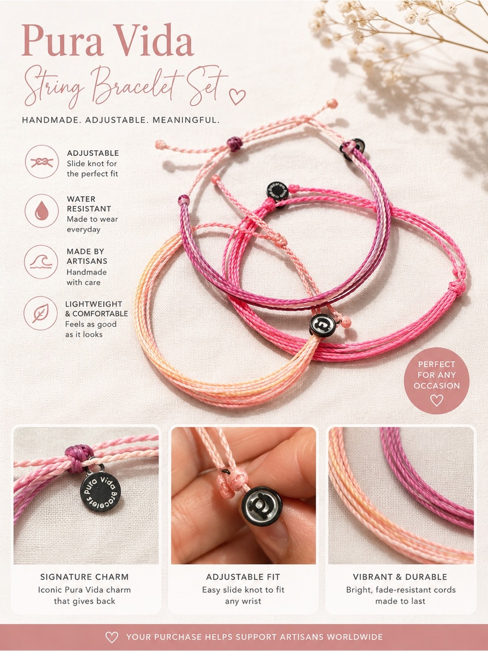 Pura Vida Pink Ombre Bracelet Set – 3 Adjustable Bracelets
